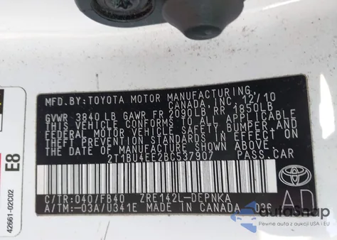 2011 Toyota Corolla Le z USA, uszkodzony, nr VIN 2T1BU4EE2BC537907